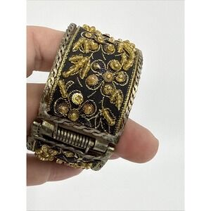 Vtg Ottoman Style Hinged Clamper Bracelet Tribal Ethnic Beaded Fabric Silver Ton
